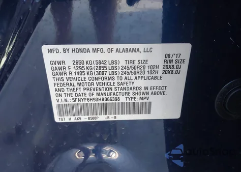 2017 Honda Pilot Touring z USA, uszkodzony, nr VIN 5FNYF6H93HB066398